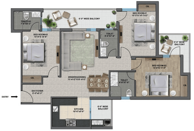 3 BHK flat floor plan at The Zirk