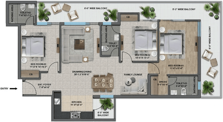 3 BHK flat floor plan at The Zirk